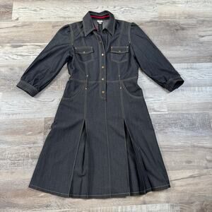 Vintage Cache Denim Look Utility Shirt Dress Snap Front Contrast Stitch 12
